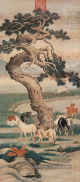 Lang brille huit Chevals sous l’arbre chinois traditionnel Peinture à l'huile